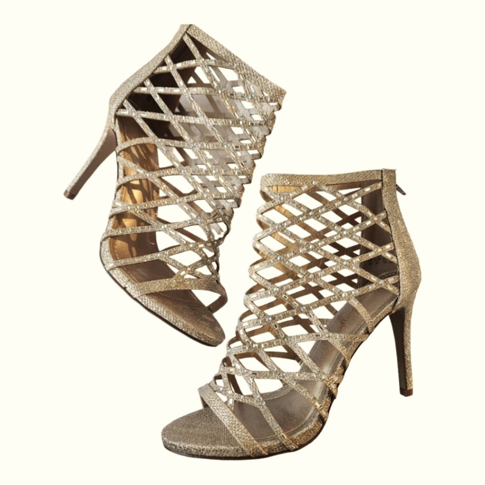 nwot DREAM PAIRS "Paven" Gold Glitter Gladiator cage Stillettos SIZE 9.5M
